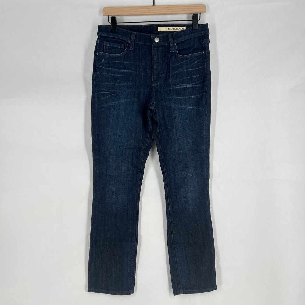 DKNY Skinny Leg Jeans Womens 6 Blue Whiskering‎ Denim Cotton Dark Wash Mid Rise